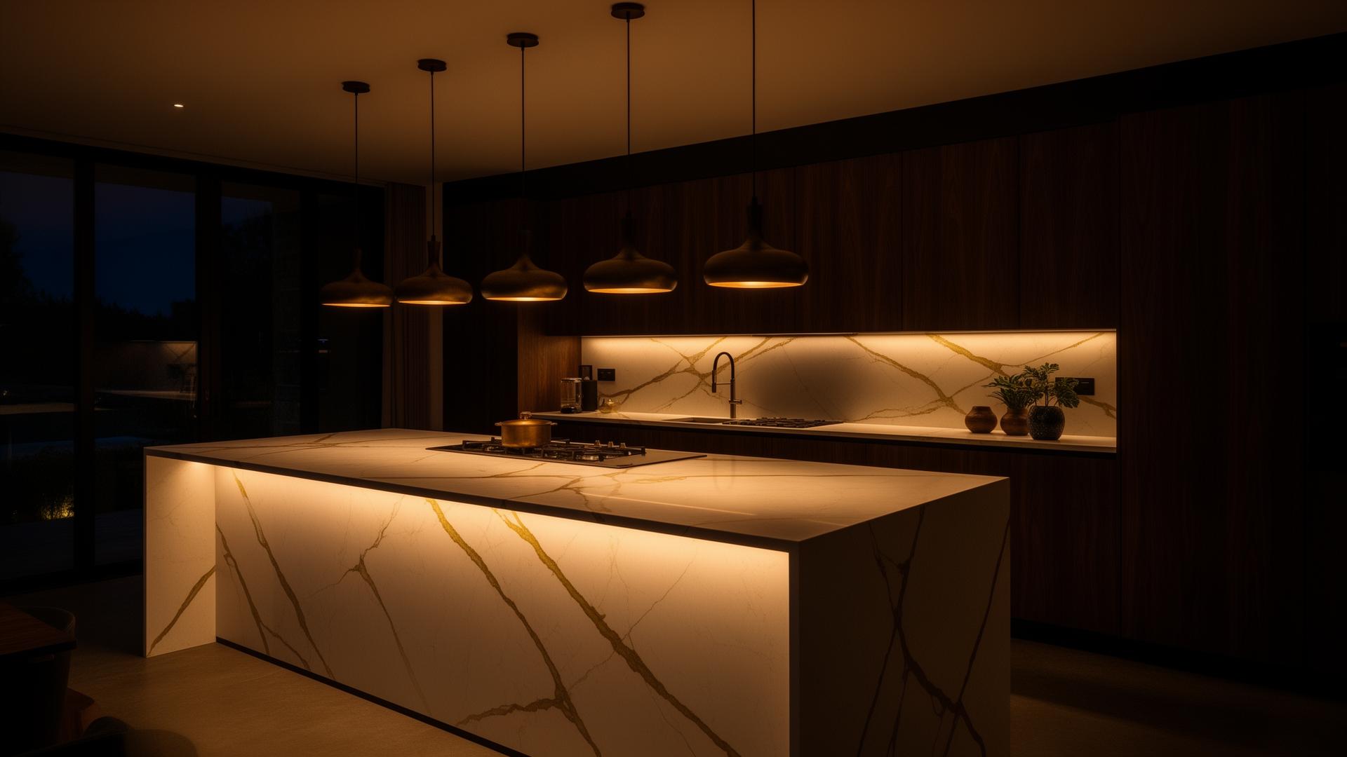 Luxury kitchen featuring Cristallo quartzite island distributed by Peak Stoneworkz in Utah