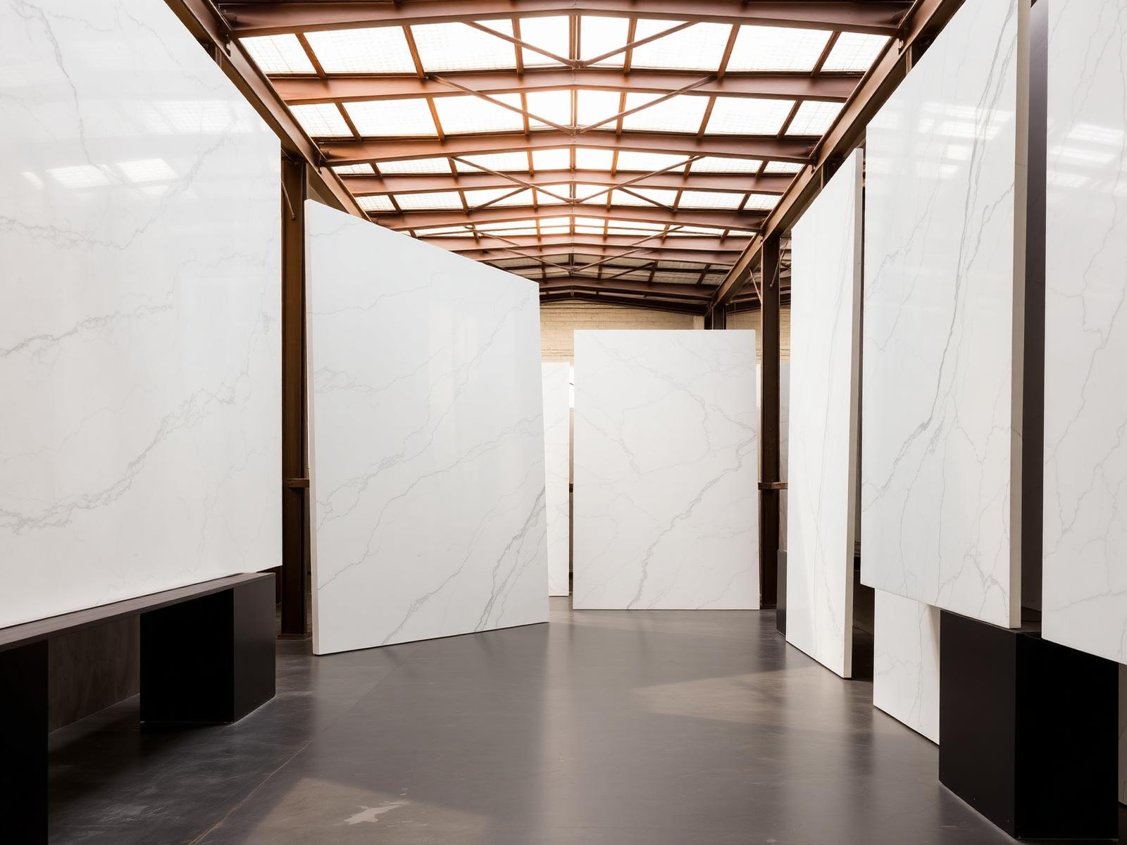 Peak Stoneworkz Salt Lake City warehouse with Cristallo quartzite slabs on display